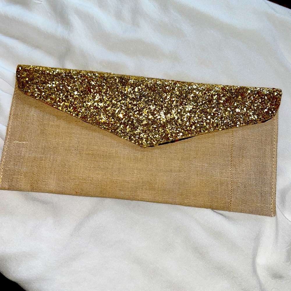 Linen Natural Flax and Gold Glitter Clutch, Leopard Inside, EUC, Magnet…